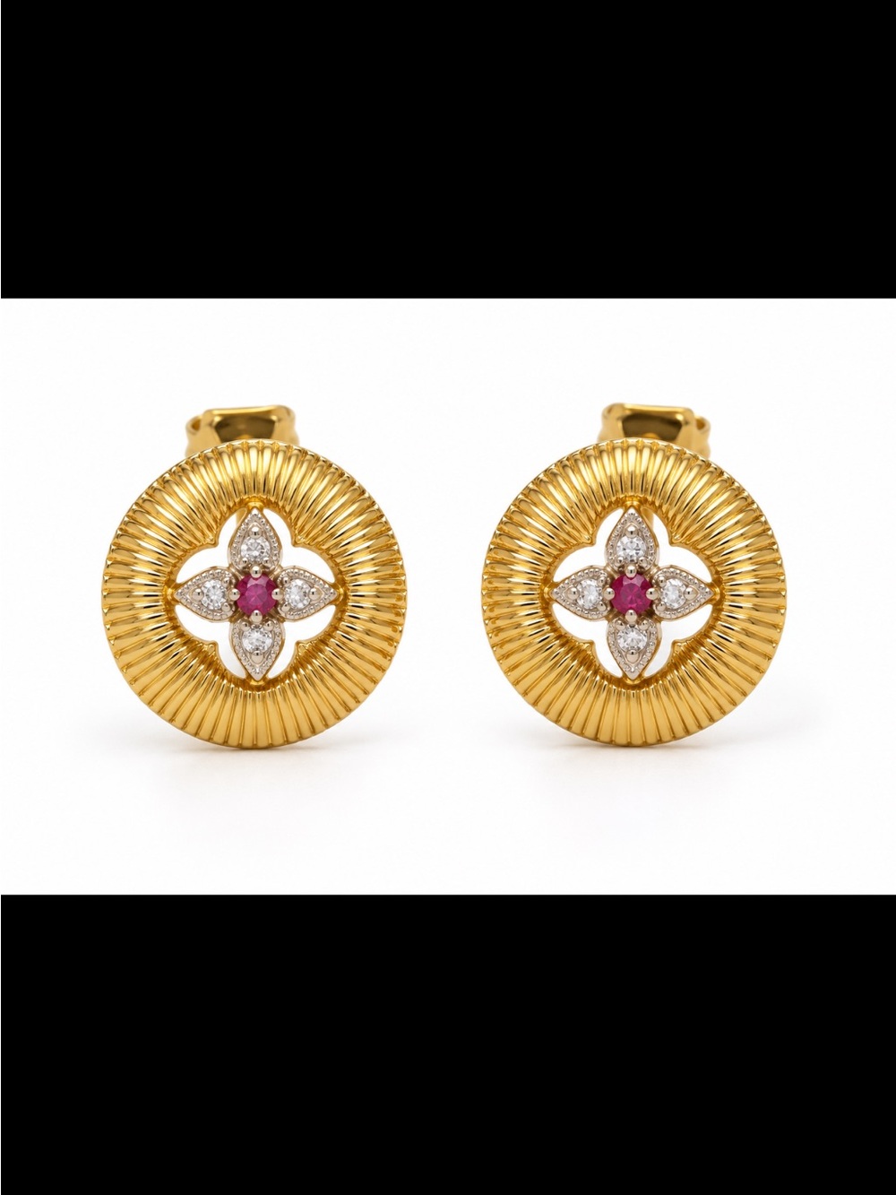 Gold-Tone Fluted Openwork Pink  & CZ Accent Button Earrings NEW